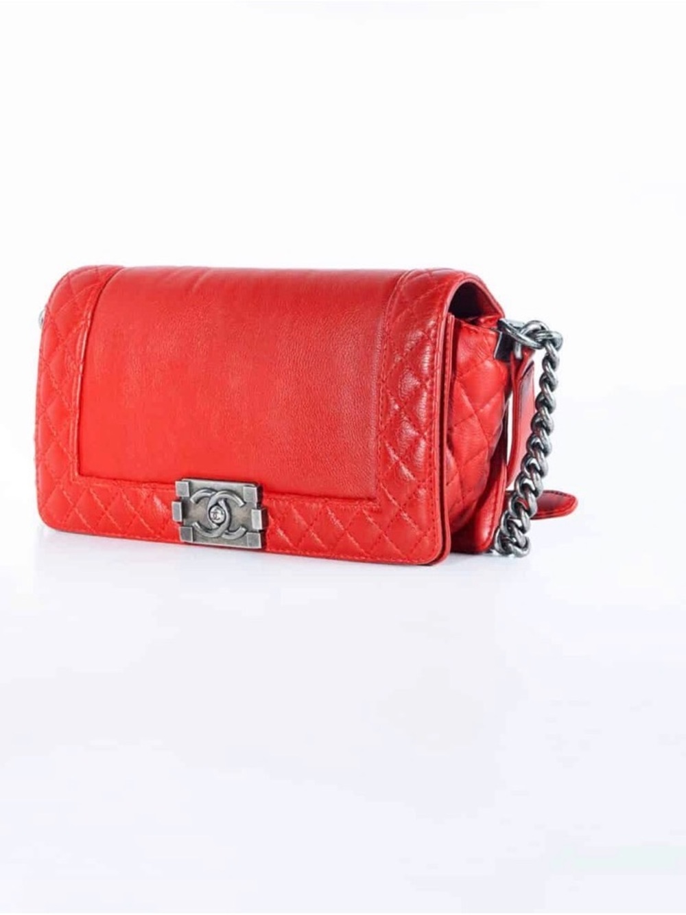CHANEL Red Quilted Lambskin Chain Crossbody Boy Bag (comes with authentication)
